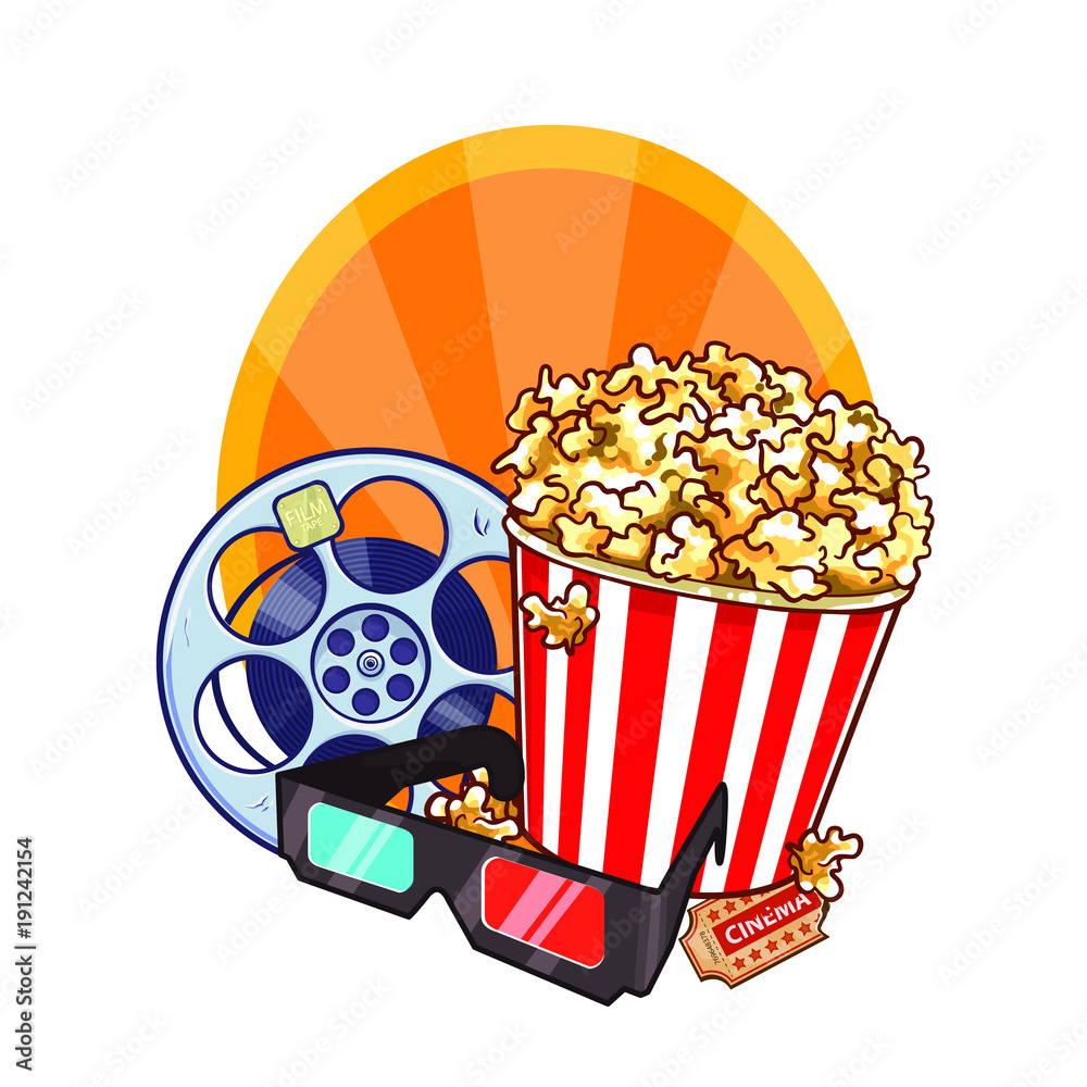 Cinema objects - film roll, ticket, popcorn bucket and 3d glasses, cartoon  vector illustration isolated on white background. Stock Vector | Adobe Stock