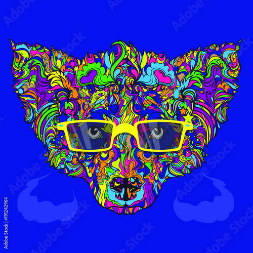 Vector ornament face of dog with yellow fashion eyeglasses. Line art style. Isolated on white background.