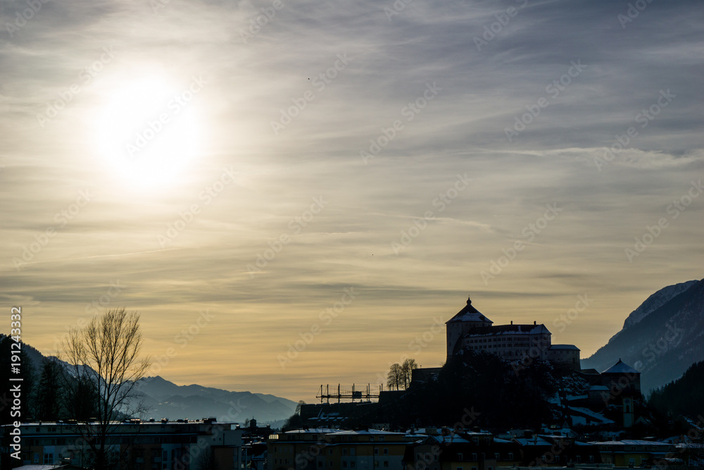 The winter sun shining on the Kufstein fortress in the late afternoon