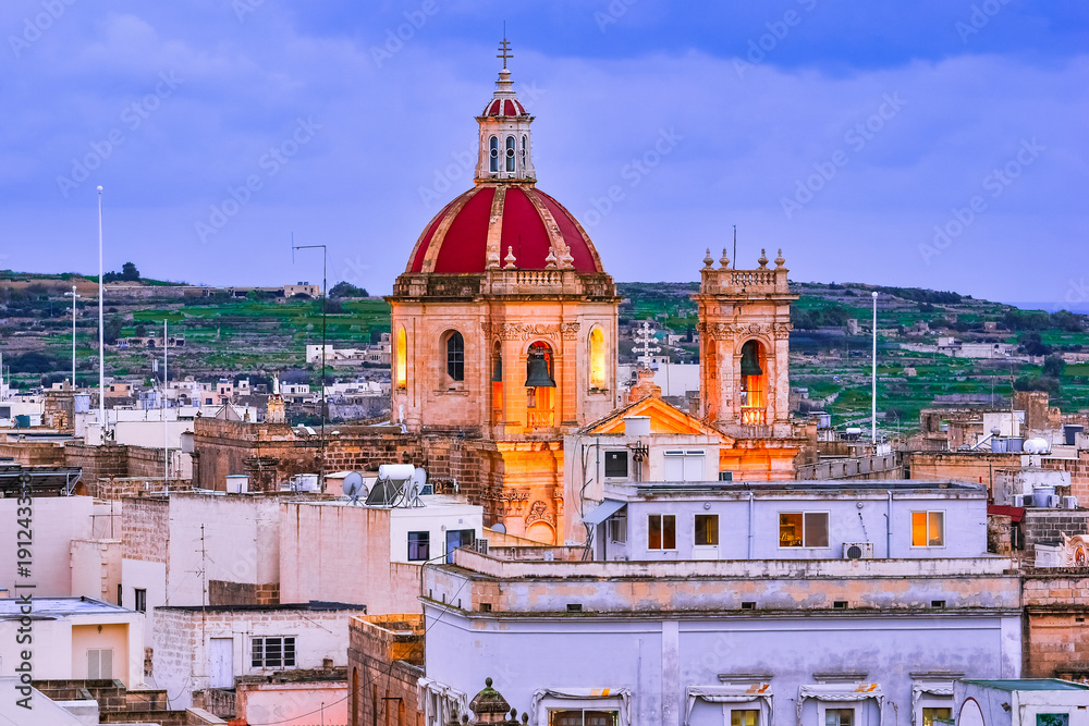 Victoria, Gozo, Malta: Overview of the city with Saint George Basilica, seen  from the citadel.