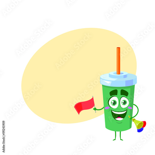 Cute happy character of cup with tubule, flag and tricks. Cartoon style. Vector illustration isolated on white background with yellow place for text