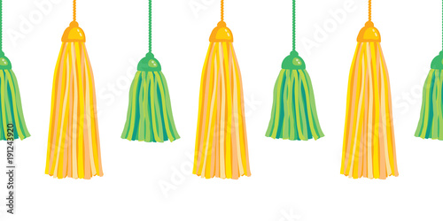 Vector Green Yellow Hanging Decorative Tassels Set With Ropes Horizontal Seamless Repeat Border Pattern. Great for handmade cards, invitations, wallpaper, packaging, nursery designs.