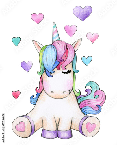 Murais de parede Cute sitting unicorn cartoon with hearts, isolated on white.