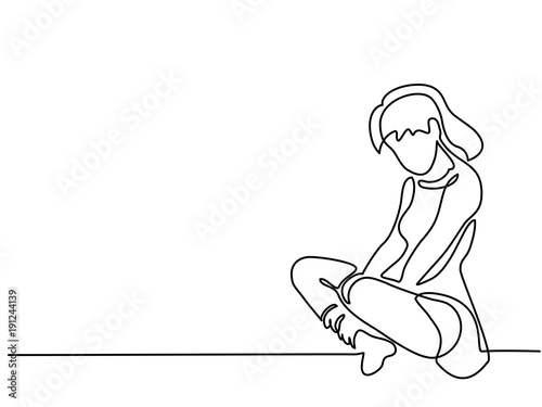 Continuous line drawing. Sitting sad girl. Vector illustration