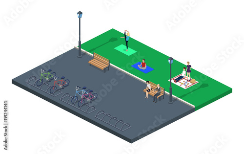 People relax in a green park vector illustration 3D isometric