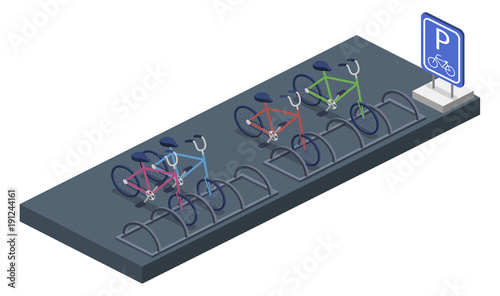 Parking for bicycles isometric 3D vector illustration