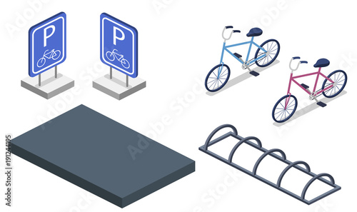 Parking for bicycles isometric 3D vector illustration