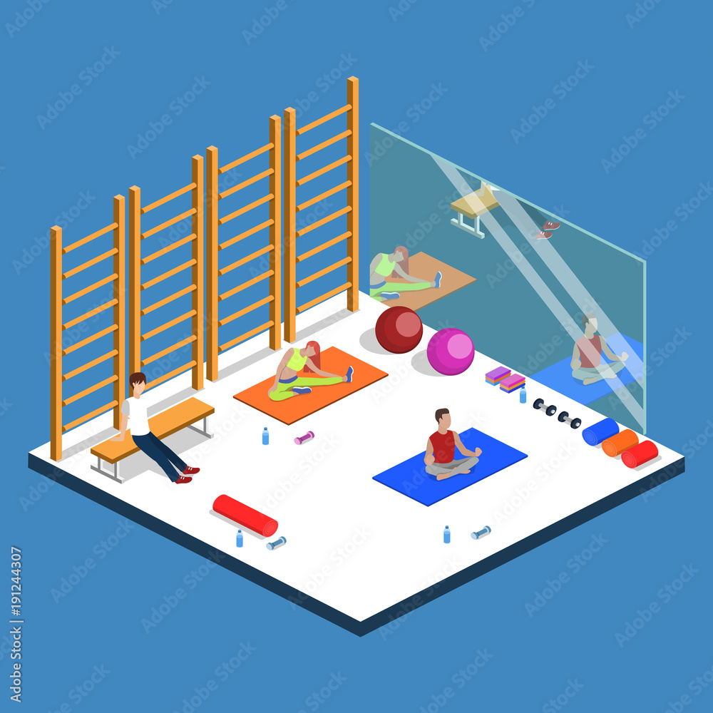 Class yoga and pilates, people are doing sports isometric 3D vector illustration Class yoga and pilates, people are doing sports isometric 3D vector illustration