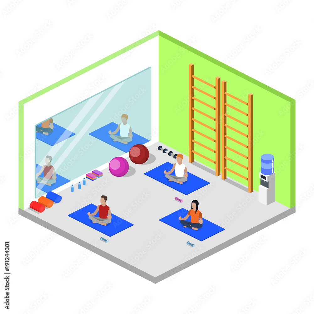 Class yoga and pilates, people are doing sports isometric 3D vector illustration