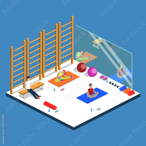 Class yoga and pilates, people are doing sports isometric 3D vector illustration