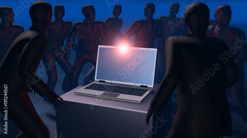 Criminal activity, cyber hackers. 3d render with men surrounding laptop photo