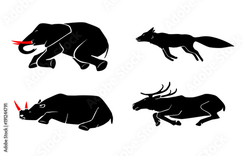 Vector set of poaching and illegal animal hunting icons. Social problem of danger for safety of wildlife. Pictograms of dead animals.