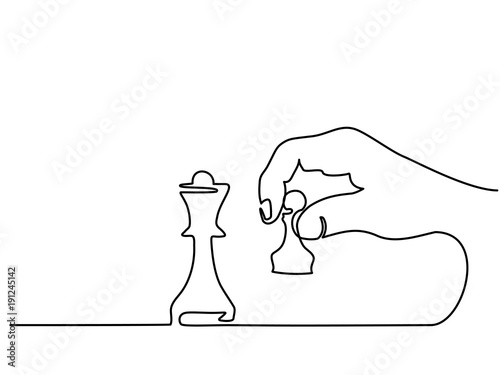 Continuous line drawing. Hand holding chess. Vector illustration