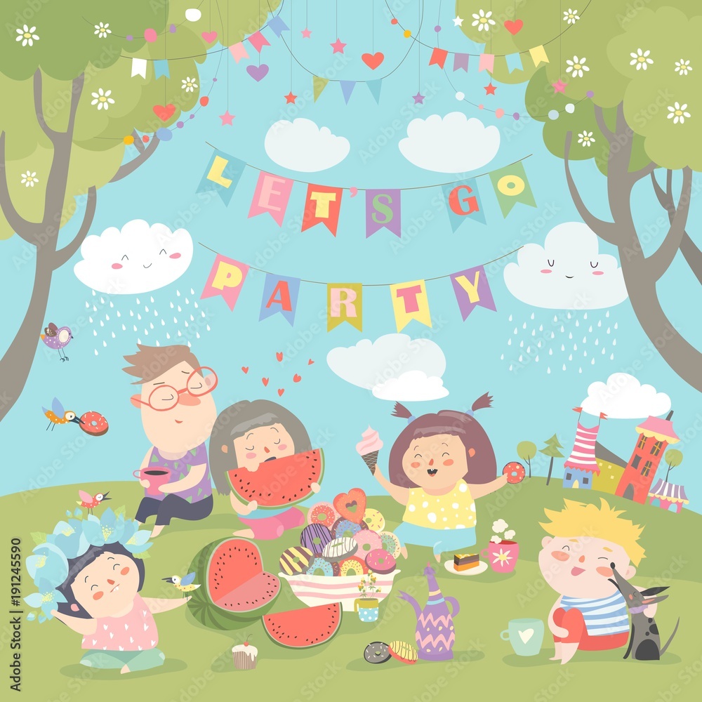 Children having picnic at the lawn Children having picnic at the lawn