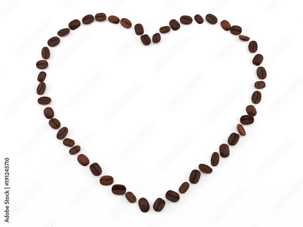 3D render. Coffee beans laid in the shape of a heart. Isolated on white background 3D render. Coffee beans laid in the shape of a heart. Isolated on white background