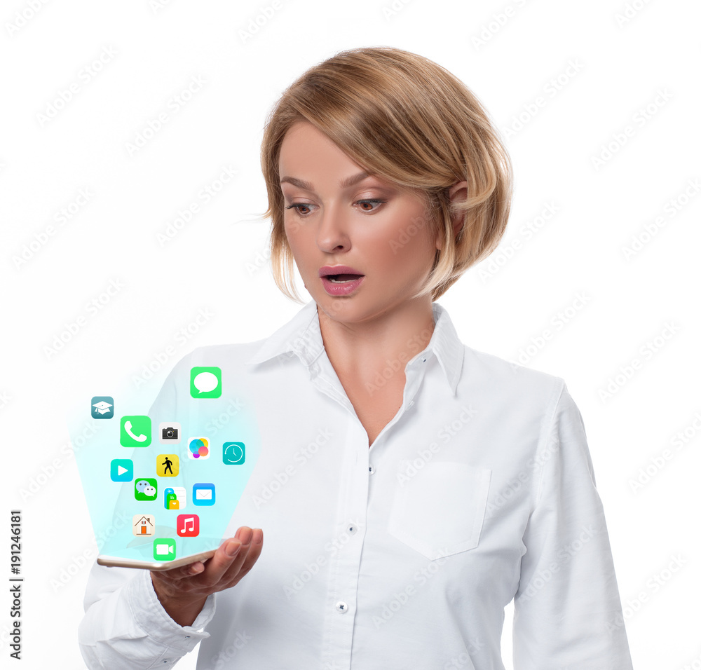 Business woman showing on smartphone virtual icons Business woman showing on smartphone virtual icons