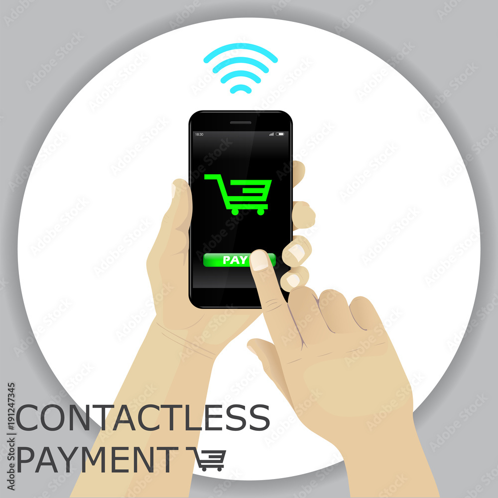 Hand holding smartphone with shopping cart. Finger pressing the button pay. Contactless payment. Hand holding smartphone with shopping cart. Finger pressing the button pay. Contactless payment.