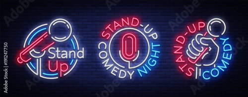 Stand Up Comedy Show is a collection of neon signage. Collection of neon logos, a symbol, a bright light banner, a neon-style poster, bright night-time advertising Stand up the show. Vector