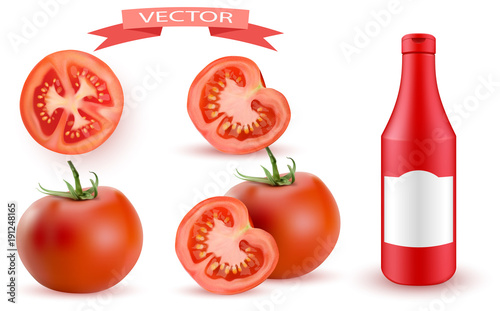 Tomato and slice isolated on white realistic vector illustration.