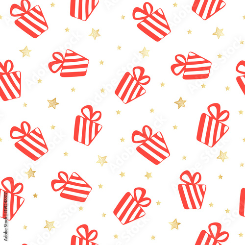 Seamless pattern with red gifts and gold stars on white background 