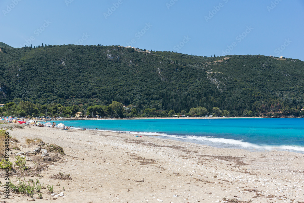 Panoramic view of Girapetra Beach with blue waters, Lefkada, Ionian Islands, Greece