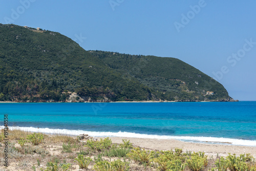 Fototapeta Naklejka Na Ścianę i Meble -  Panoramic view of Girapetra Beach with blue waters, Lefkada, Ionian Islands, Greece