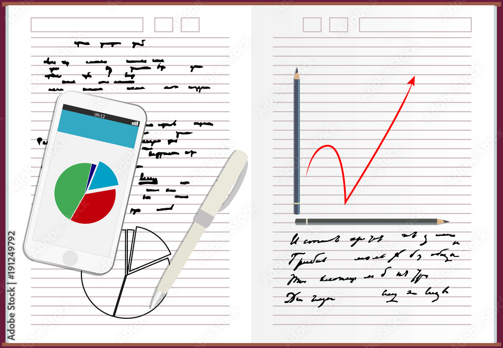 Fototapeta premium Notebook paper, With drawing business strategy plan concept idea, Mobile phone news template on screen, Vector illustration