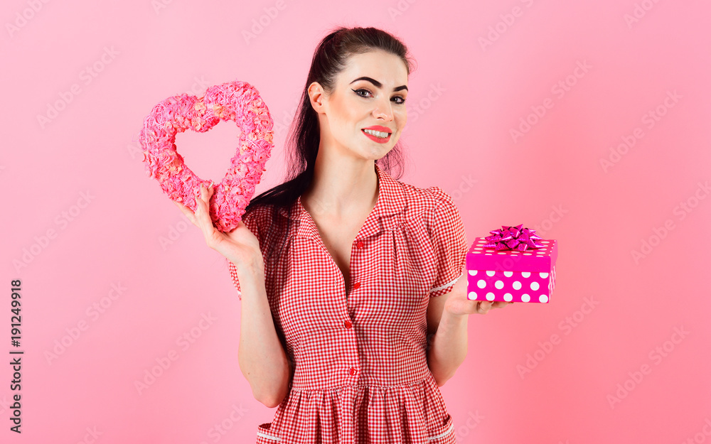 Young girl with gift box in dress Young girl with gift box in dress