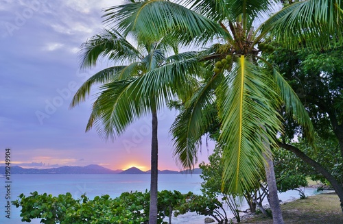 Sunset over a tropical beach and the Caribbean Sea in St John  U.S. Virgin Islands