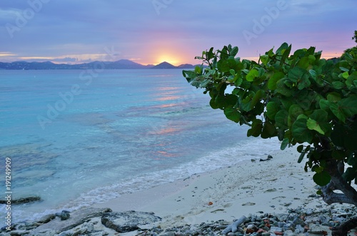 Sunset over a tropical beach and the Caribbean Sea in St John, U.S. Virgin Islands photo