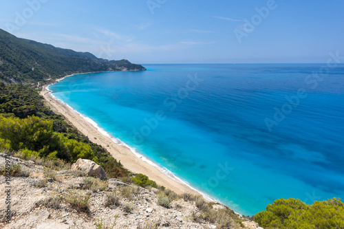 Panoramic view of Kokkinos Vrachos Beach with blue waters, Lefkada, Ionian Islands, Greece © Stoyan Haytov