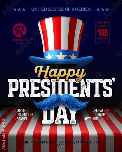 Happy Presidents' Day party poster design with collage of USA flag party hat, moustache and vintage Happy Presidents Day phrase on the flag of USA lying on the table