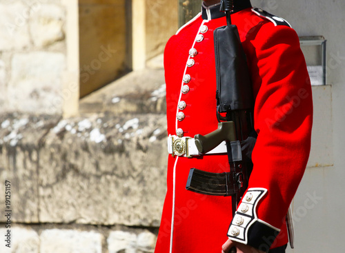 Guard uniform details, London, UK. British Guards in red uniforms are among the most famous in the world.