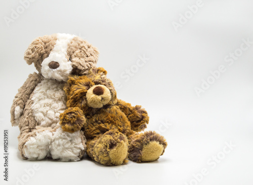 2 cuddly plush toy teddy bears leaning against one another isolated on a solid background with copy space
