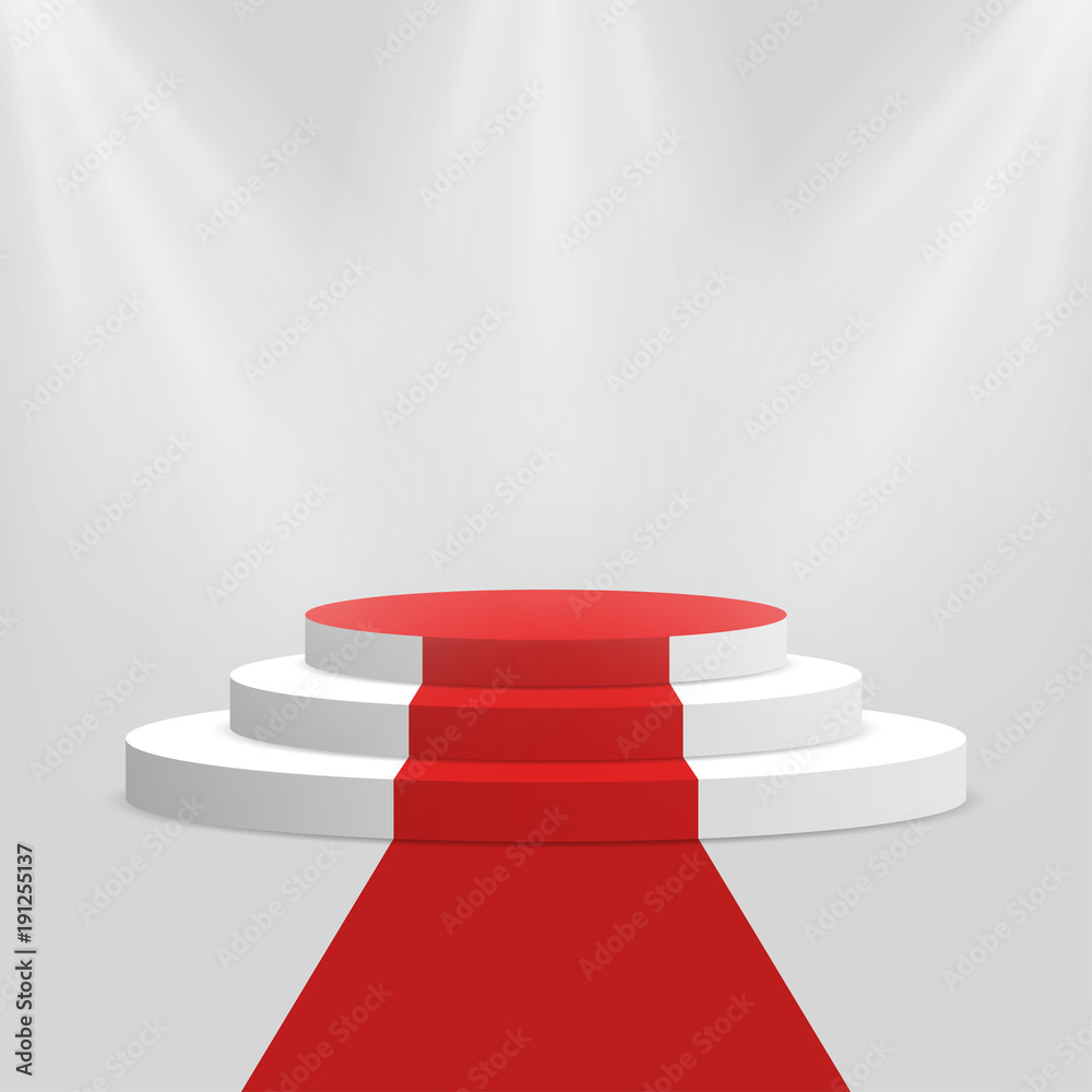 Red carpet and podium. White round pedestal with stairs isolated on background. Stage for