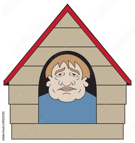 An unhappy cartoon man has found himself in the dog house