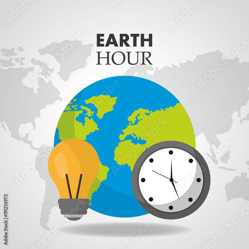 earth hour world clock bulb map background  vector illustration
