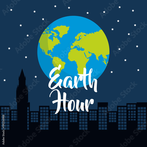 earth hour world globe silhouette of city at night starry vector illustration