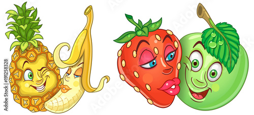 Cartoon Fruits in Love. Lovely kiss. Emoticons. Smiley. Emoji. Design element for Valentines Day greeting card, kids coloring book, colouring page, t-shirt print, icon, logo, label, patch, sticker.