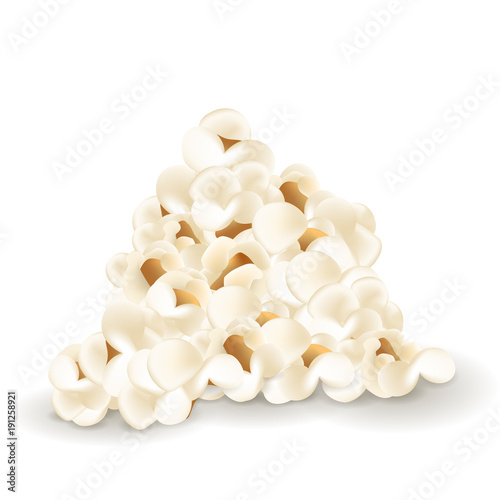 Portion of popcorn. Realistic vector illustration. Popcorn elements isolated on the white background. Cinema snack and movie food.