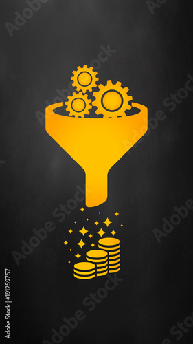 Sales funnel vector icon. Internet marketing conversion concept. Producing money. Gear set.