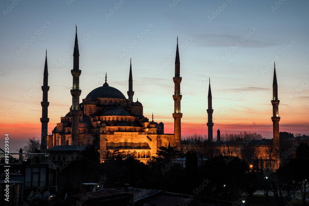 Naklejka premium Istanbul, Turkey. Sultan Ahmet Camii named Blue Mosque turkish islamic landmark with six minarets, main attraction of the city.