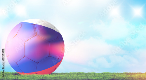 Russia russian ball soccer football 3d rendering at green grass and light blue sky