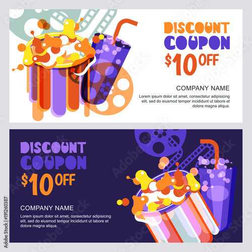 Vector cinema discount coupon or voucher template. Design elements for movie flyer, entrance ticket or banner. Popcorn and drink flat illustration. Entertainment concept.