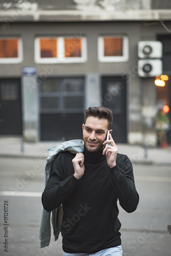 Handsome man cell phone call smile outdoor city street, Young attractive businessman casual blue shirt talking