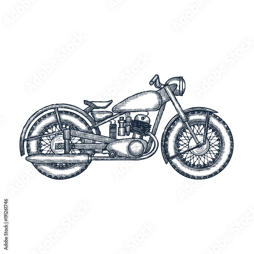 Hand Drawn Vintage Motorcycle vector logo design template. bikeshop or motorcycle service icon. Vector
