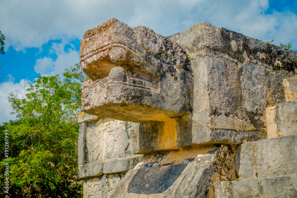 Snake Mayan Sculpture in the city of Chichen Itza, Yucatan, Mexico, one ...