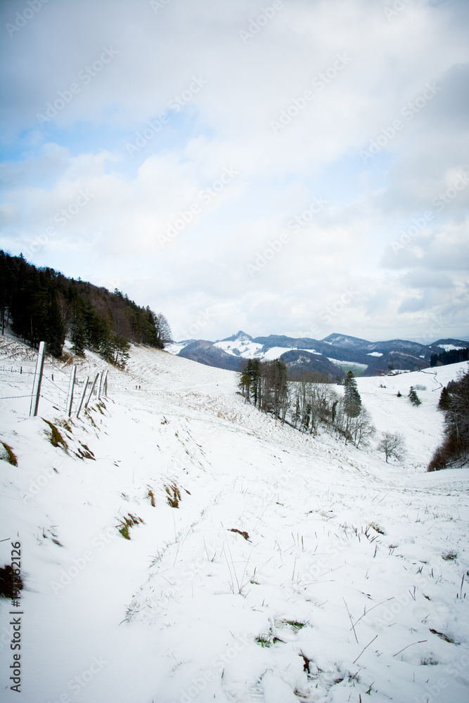 Winterlandschaft mit Bergen am Horizont