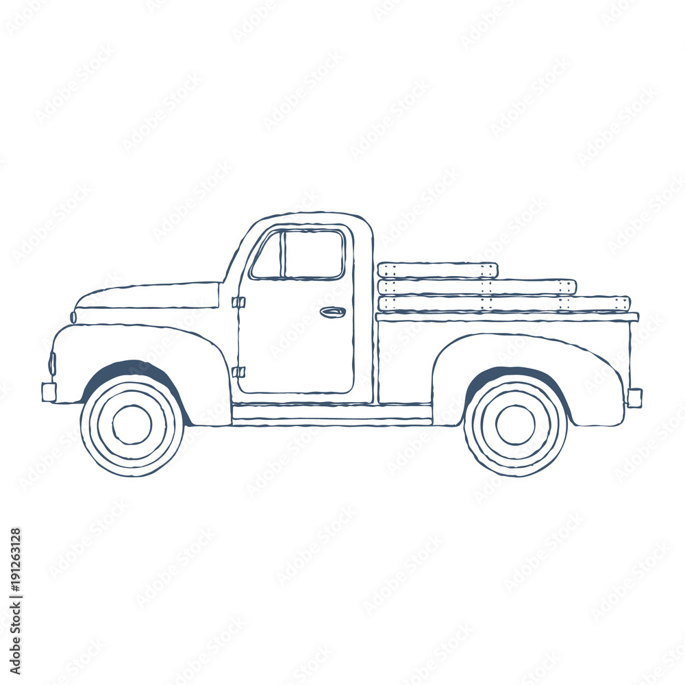 Vintage Retro Pickup Truck isolated on white Background. Vector