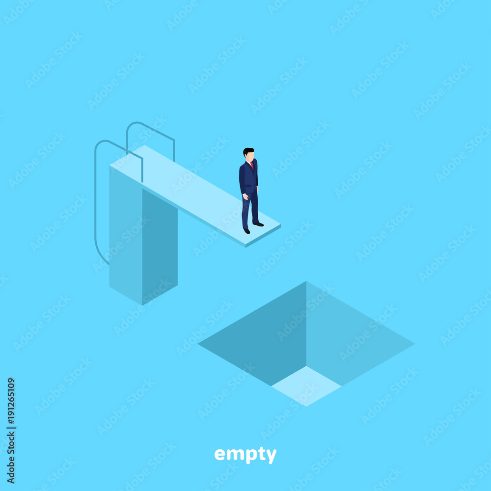 a man in a business suit is standing on a tower for jumping into the water and below him is an empty pool, isometric image
